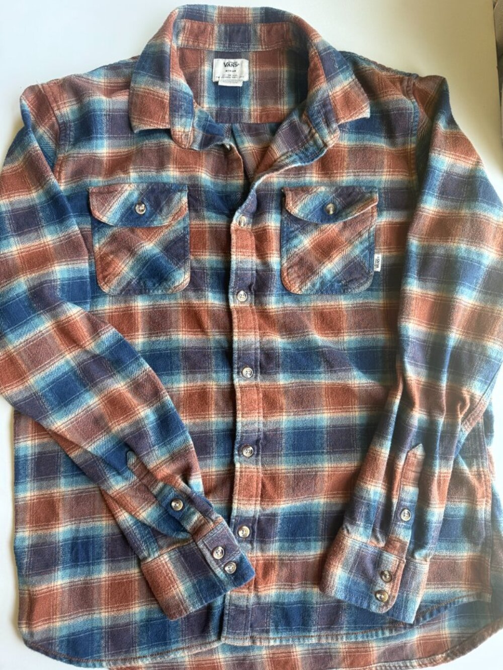 Vans Plaid Flannel Button Front Shirt Men's Medium Blue Brown Tailored Fit
